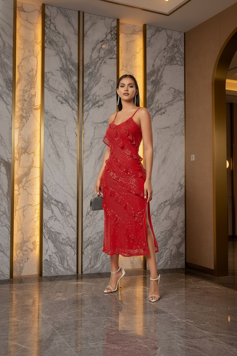 Valeria Radiant Sequin Cascading Ruffle Maxi Dress