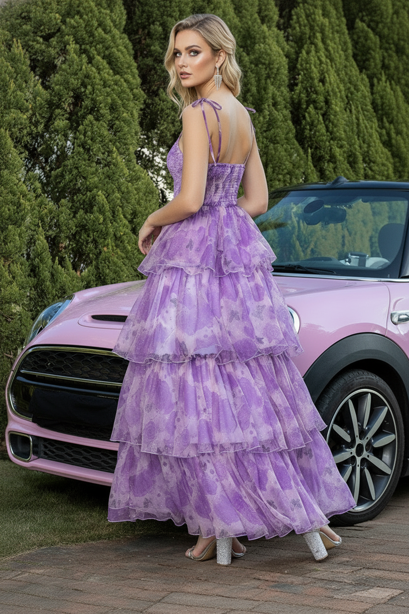 Vespera Floral Mesh Halter-Neck Tiered Mini Dress