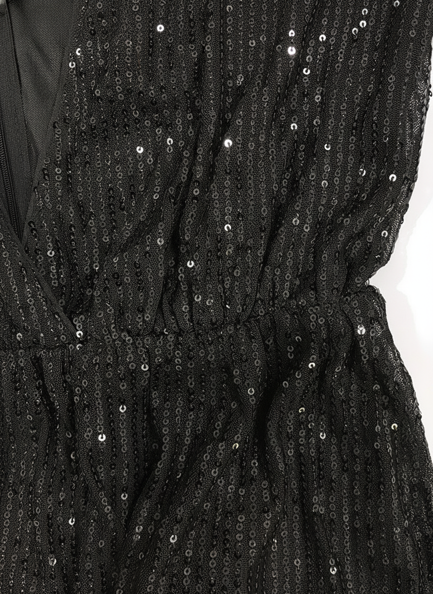 Elara Sparkling Sequin Deep V-Neck Mini Dress with Flared Sleeves