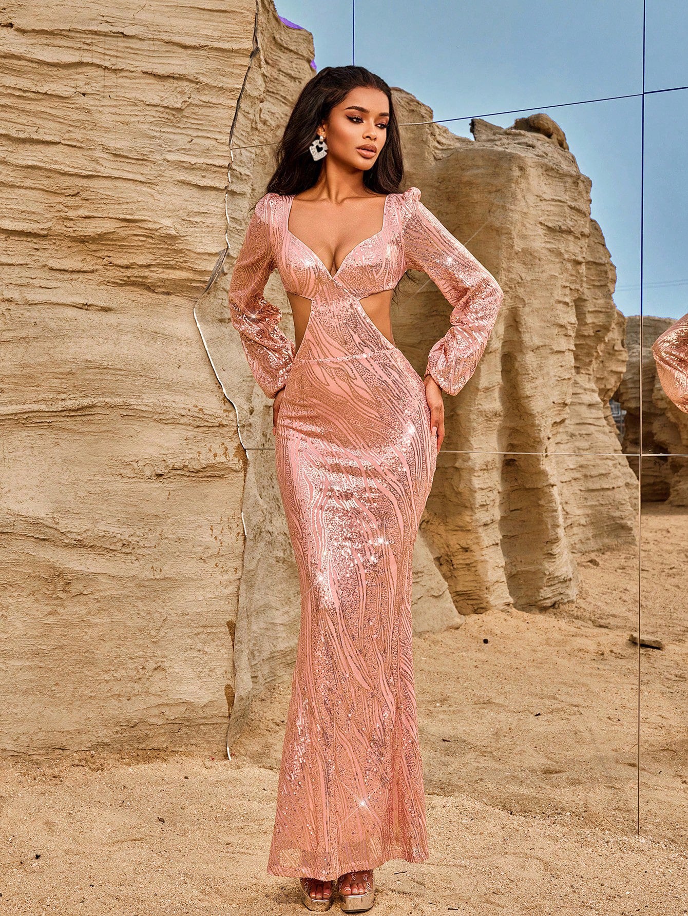 Callista Glistening Sequin Deep-V Open-Back Maxi Gown