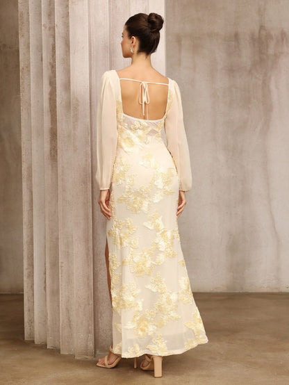 Aurelia Modern Oriental Embroidered Square-Neck Maxi Dress