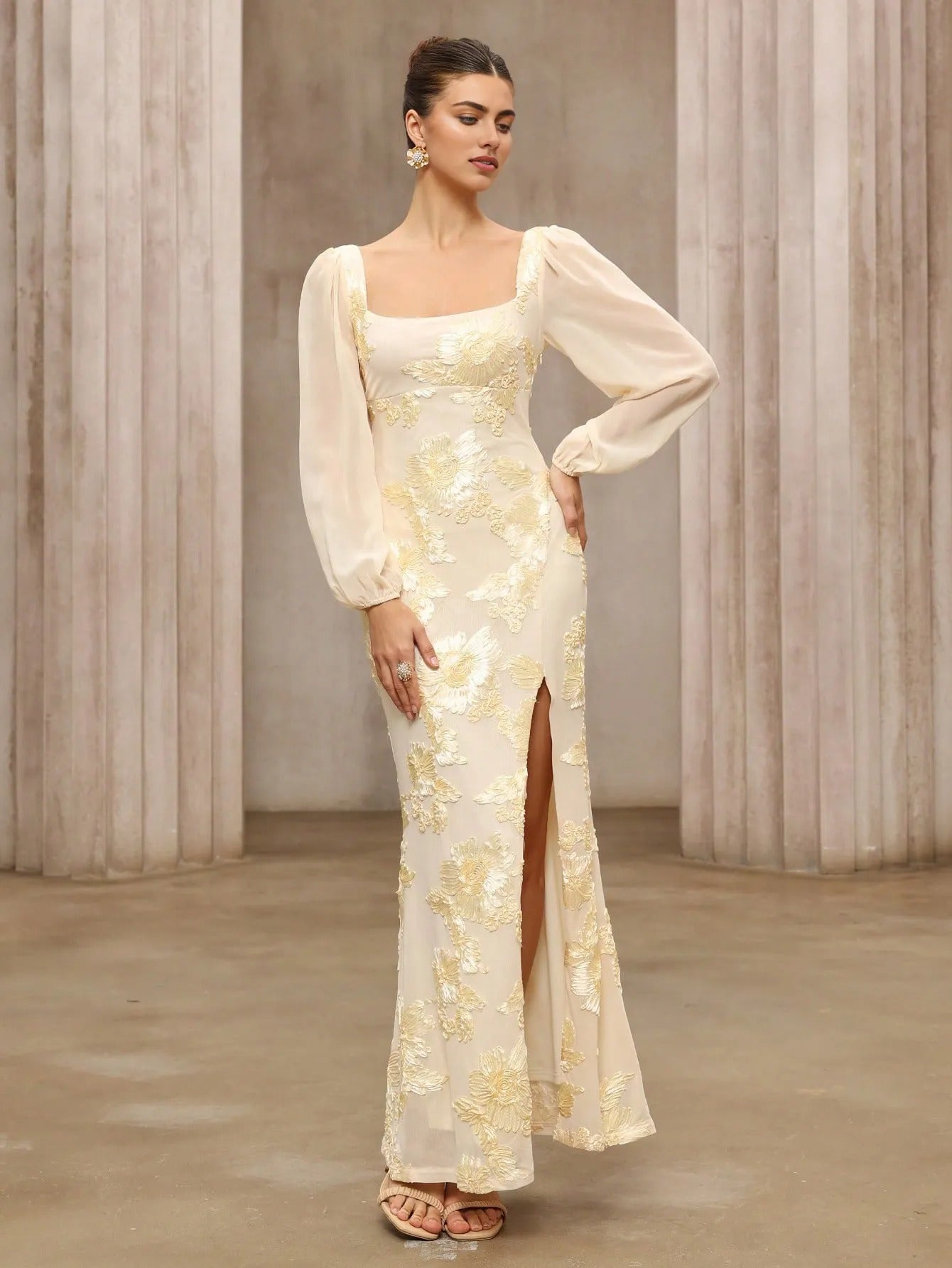 Aurelia Modern Oriental Embroidered Square-Neck Maxi Dress