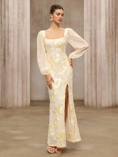 Aurelia Modern Oriental Embroidered Square-Neck Maxi Dress