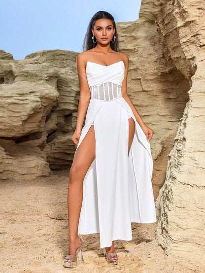 Elysia Rhinestone Off-The-Shoulder High-Slit Maxi Gown