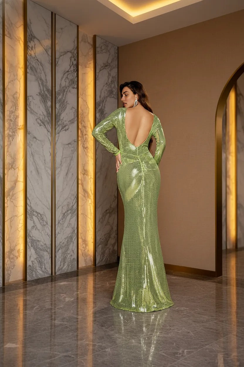 Elara Shimmering Sequin Open-Back High-Slit Maxi Gown