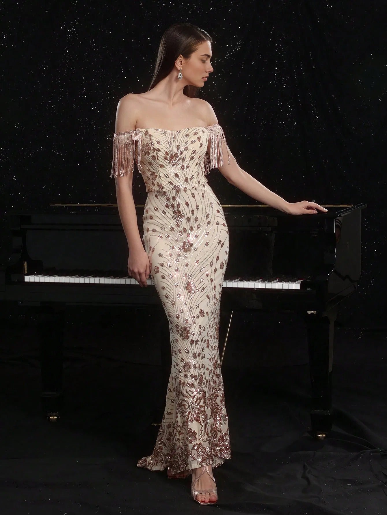 Serena Rhinestone Off-The-Shoulder Ruffle Mini Dress