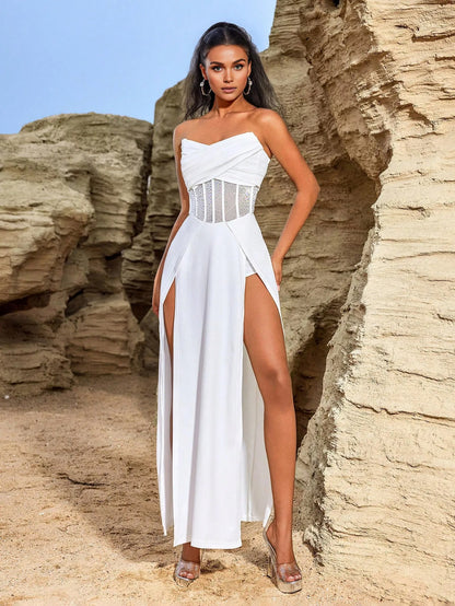 Elysia Rhinestone Off-The-Shoulder High-Slit Maxi Gown