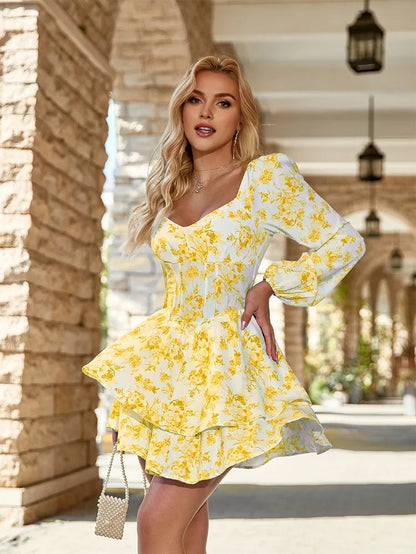 Callista Floral V-Neck Tiered Ruffle Mini Dress
