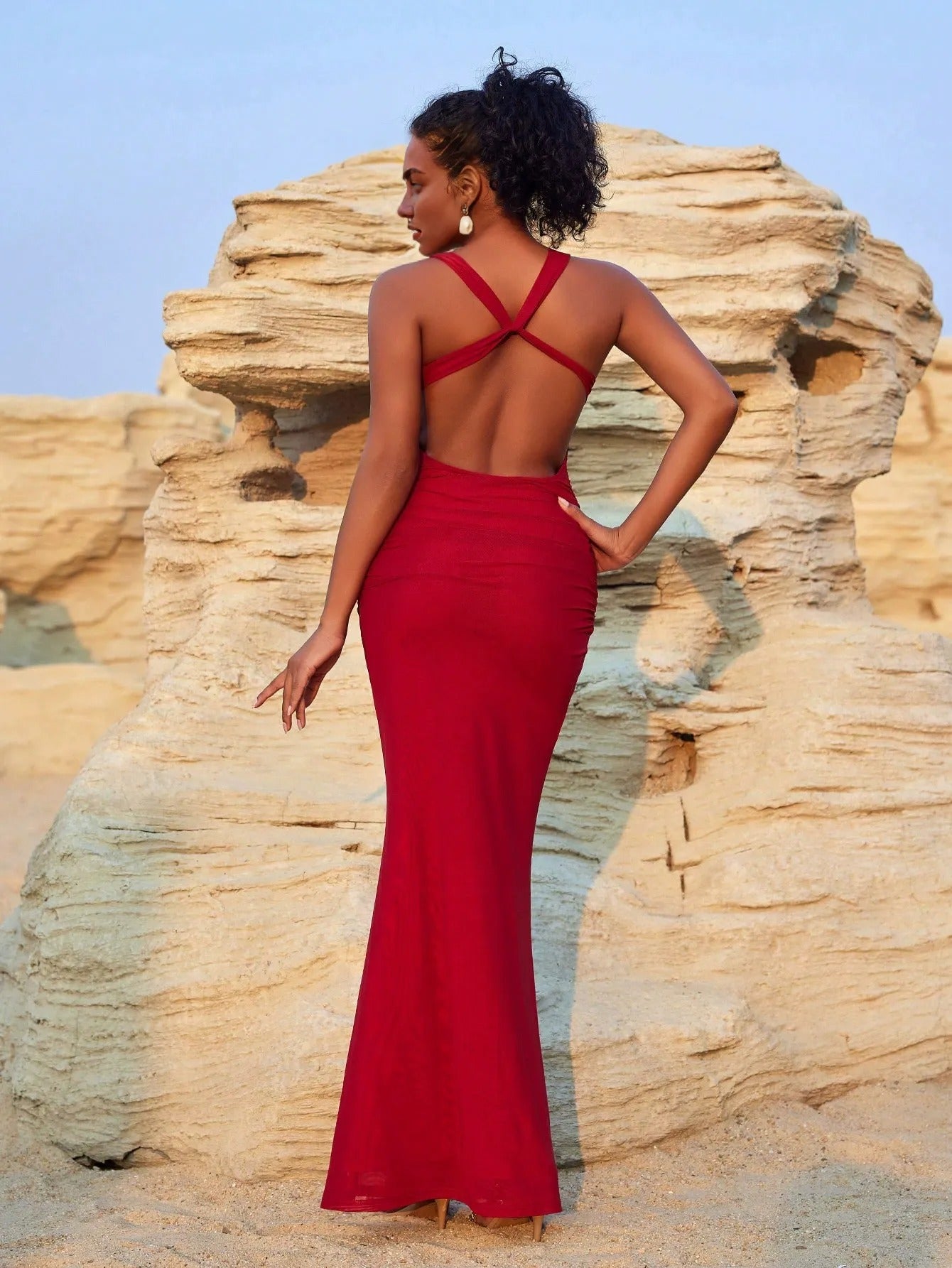 Lyra Draped Halter Maxi Gown with Metal Ring Detail