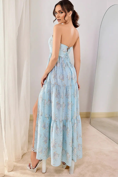 Maia Blue Floral Bandeau Side-Slit Maxi Resort Dress