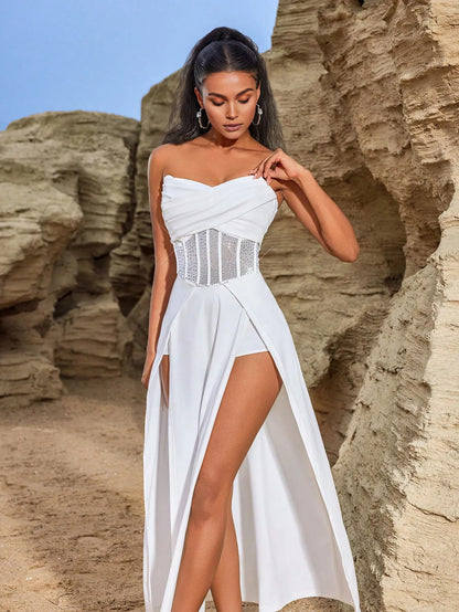 Elysia Rhinestone Off-The-Shoulder High-Slit Maxi Gown