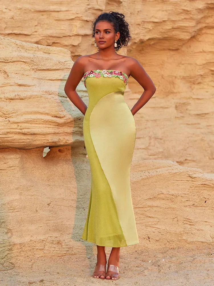 Elowen Floral Bandeau Side-Slit Maxi Dress