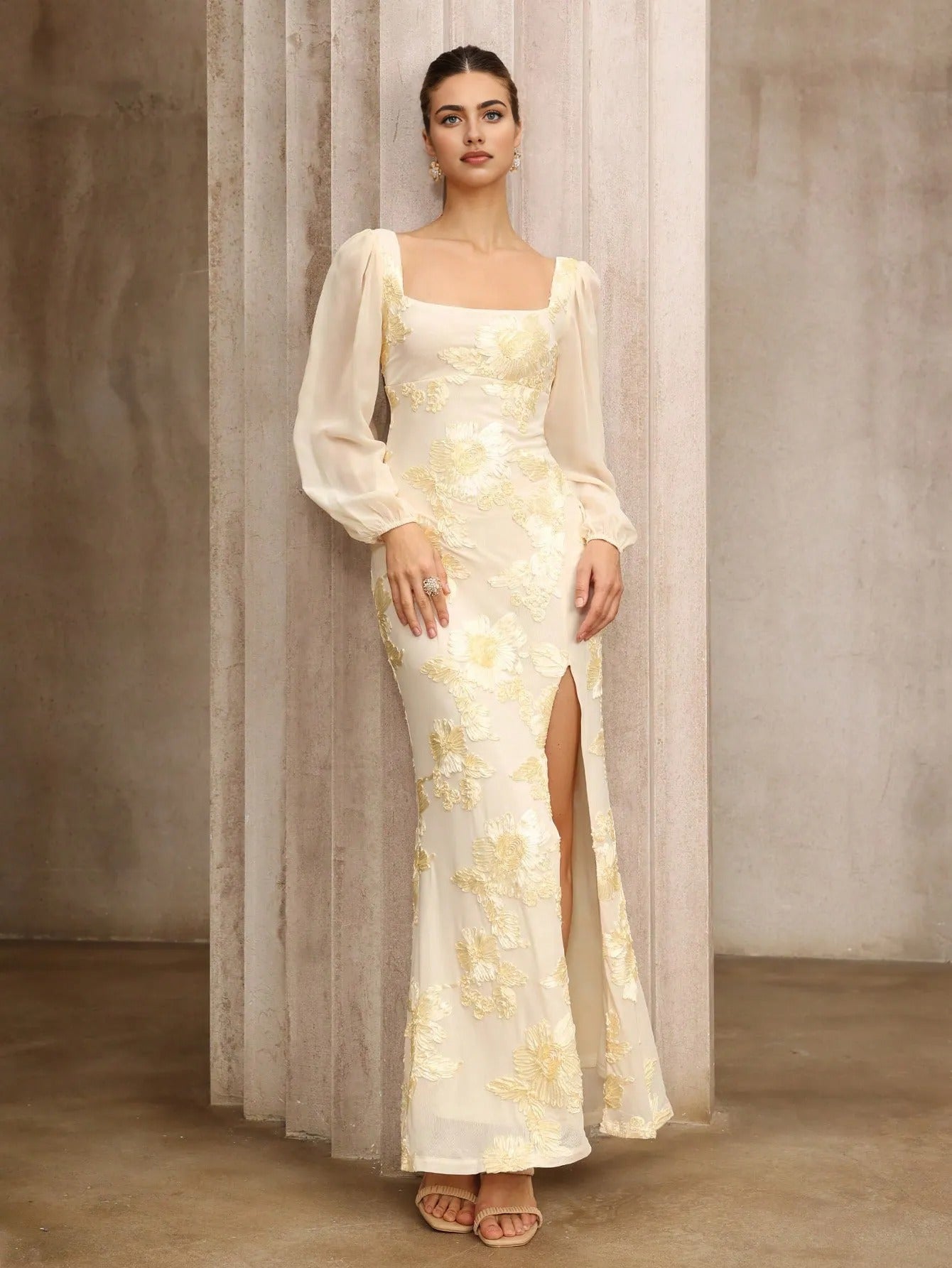 Aurelia Modern Oriental Embroidered Square-Neck Maxi Dress