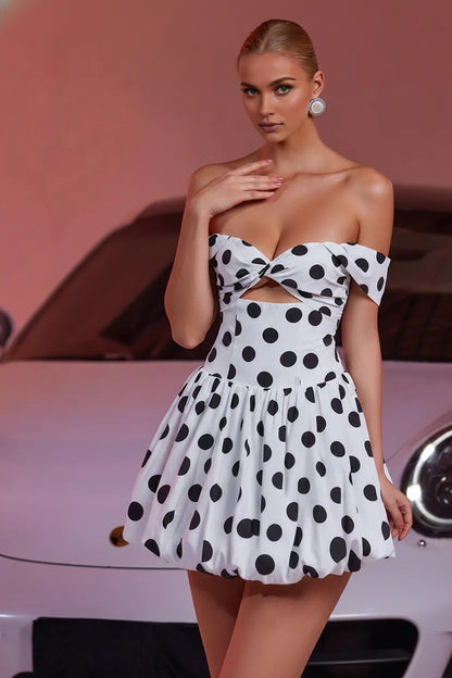 Lila Polka Dot Strapless Tiered Mini Dress