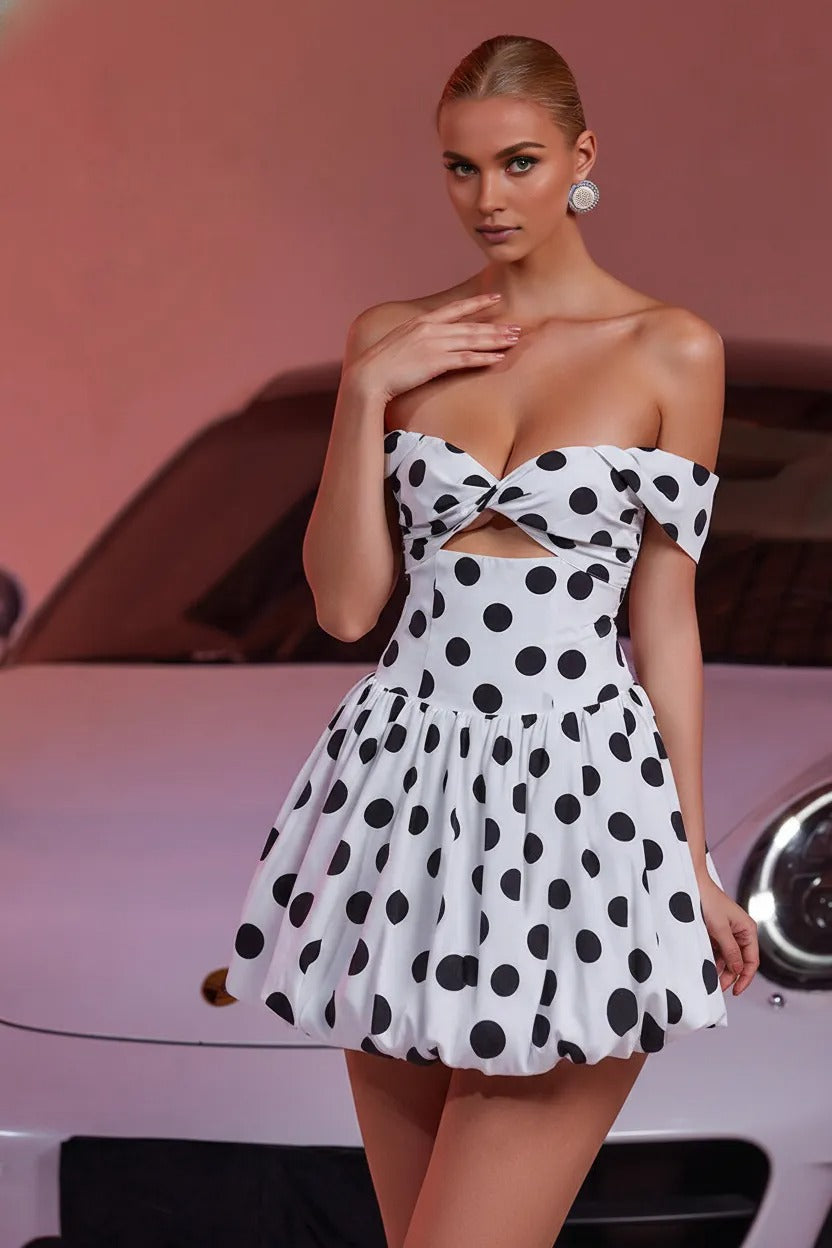 Lila Polka Dot Strapless Tiered Mini Dress