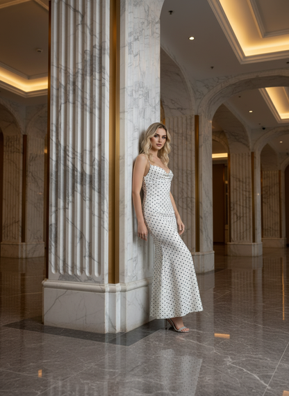 Cassia Polka Dot Cowl-Neck Halter Maxi Resort Dress