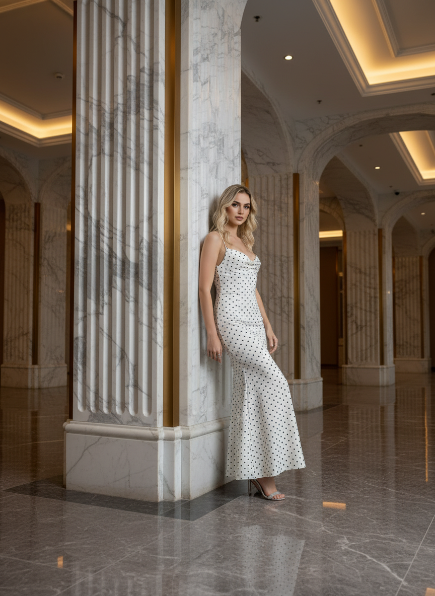 Cassia Polka Dot Cowl-Neck Halter Maxi Resort Dress