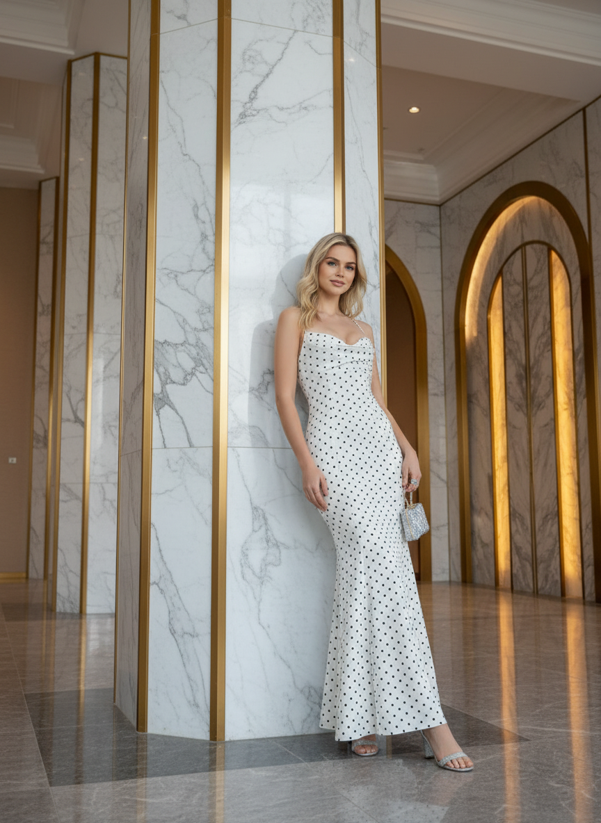 Cassia Polka Dot Cowl-Neck Halter Maxi Resort Dress