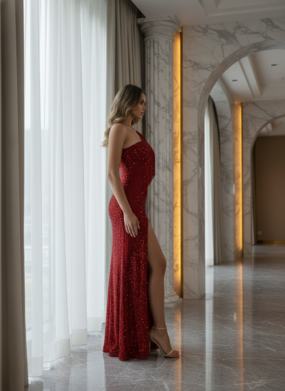 Valentia Sequin Fringe Open-Back Maxi Gown