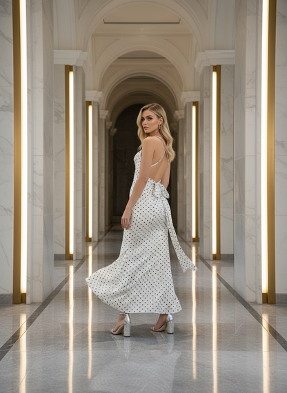 Cassia Polka Dot Cowl-Neck Halter Maxi Resort Dress