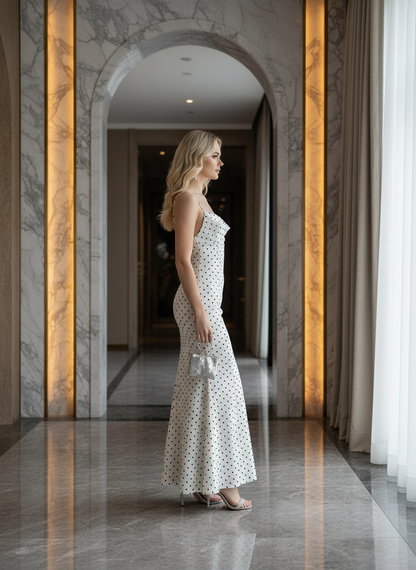 Cassia Polka Dot Cowl-Neck Halter Maxi Resort Dress