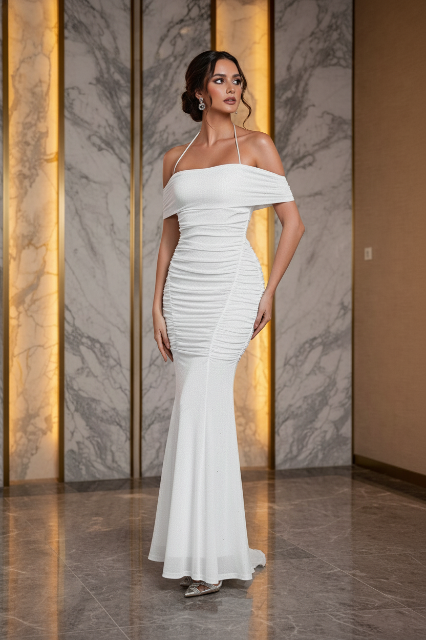 Cira Shimmering Silver Mesh Off-The-Shoulder Maxi Gown