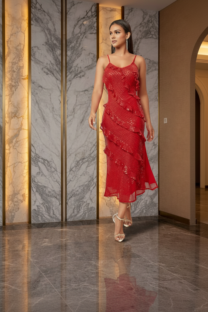 Valeria Radiant Sequin Cascading Ruffle Maxi Dress