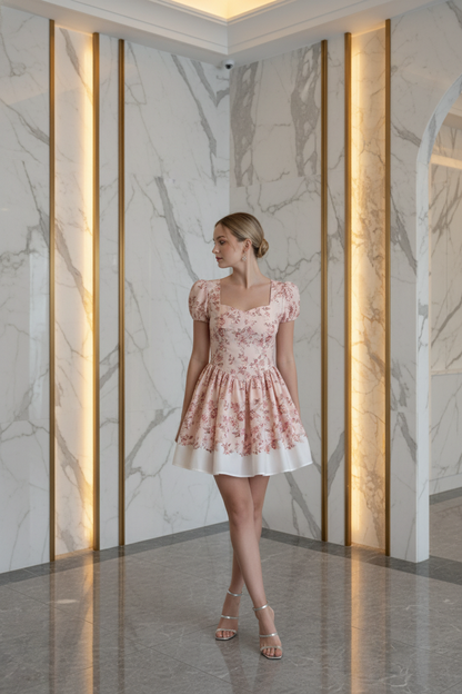 Ivy Floral Puff-Sleeve V-Neck Tiered Mini Dress