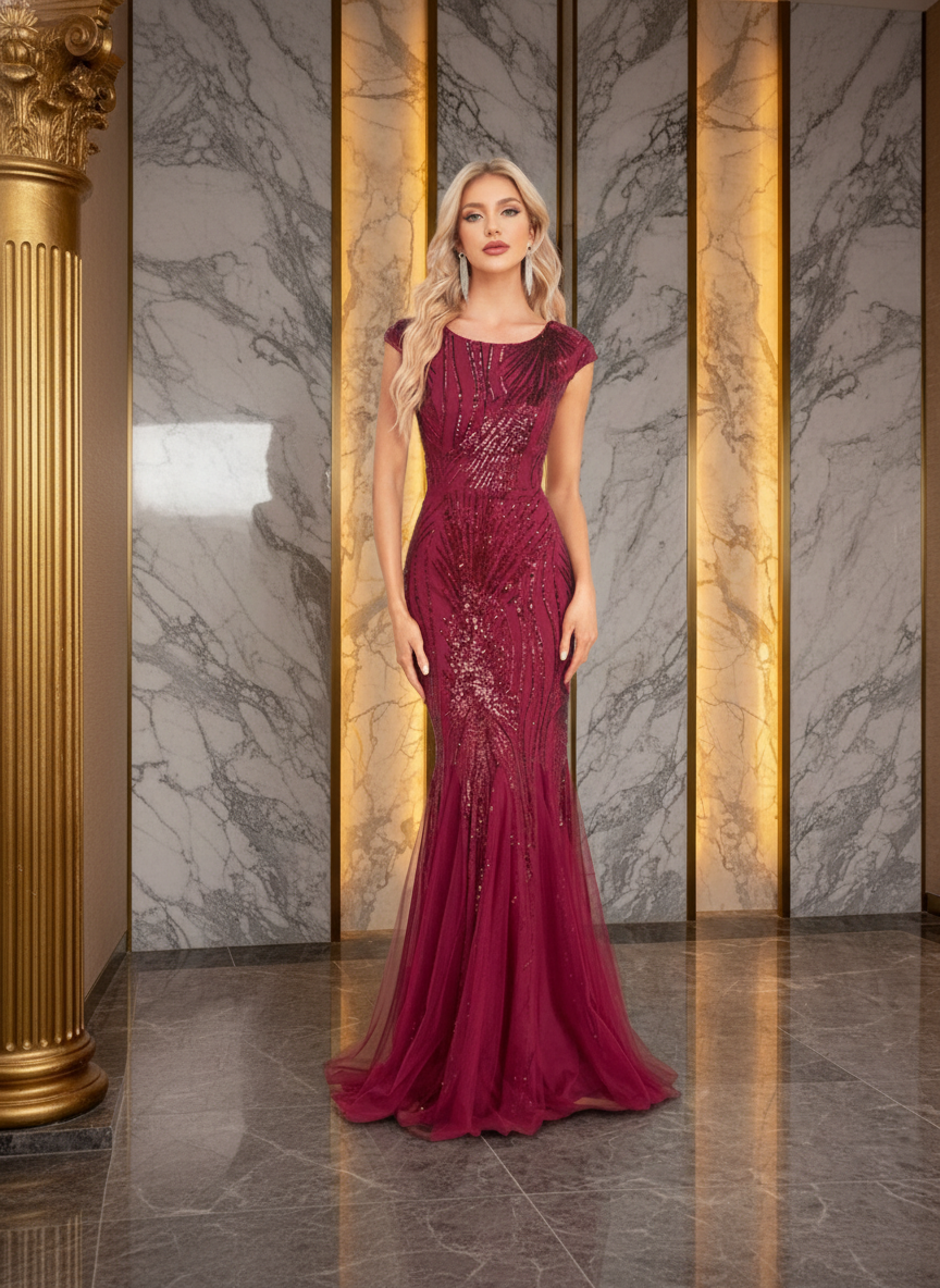 Lyra Shimmering Sequin Ruched Floor-Length Maxi Gown