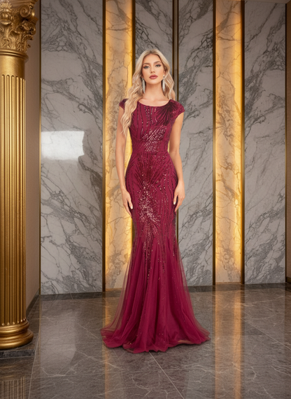 Lyra Shimmering Sequin Ruched Floor-Length Maxi Gown