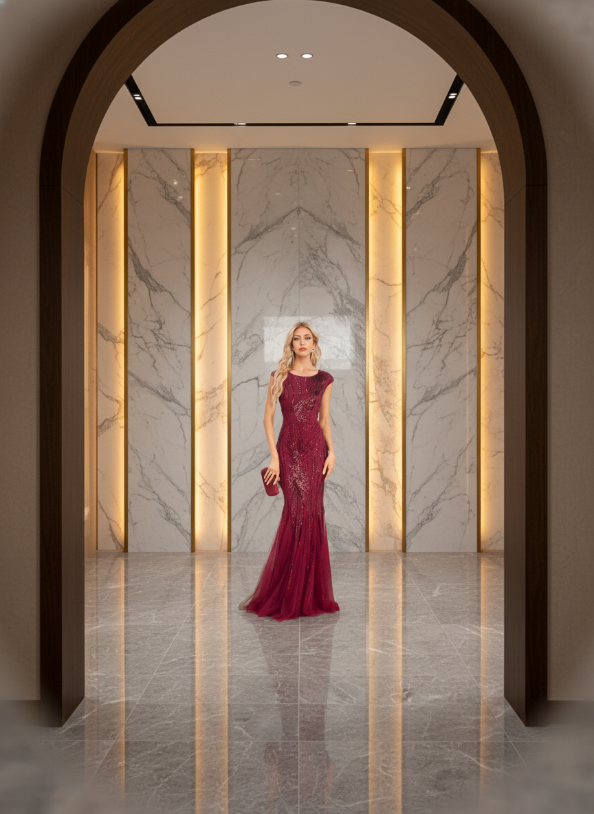 Lyra Shimmering Sequin Ruched Floor-Length Maxi Gown