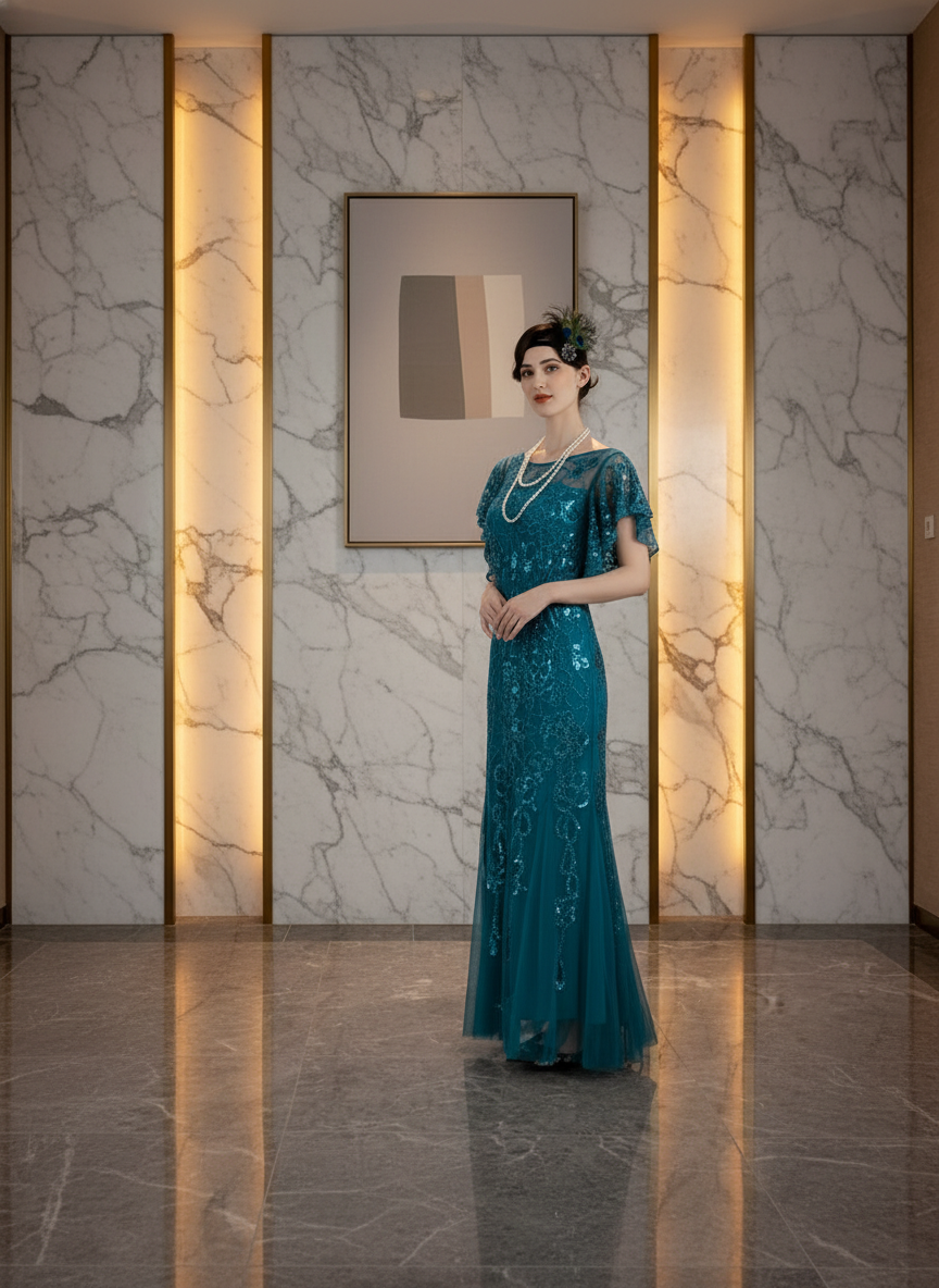 Genevieve Vintage Shimmering Sequin Floor-Length Maxi Gown