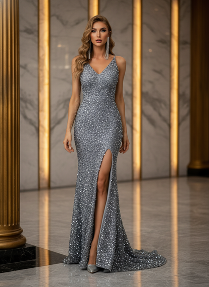 Genevieve Vintage Flutter Sleeve Sequin Maxi Dress