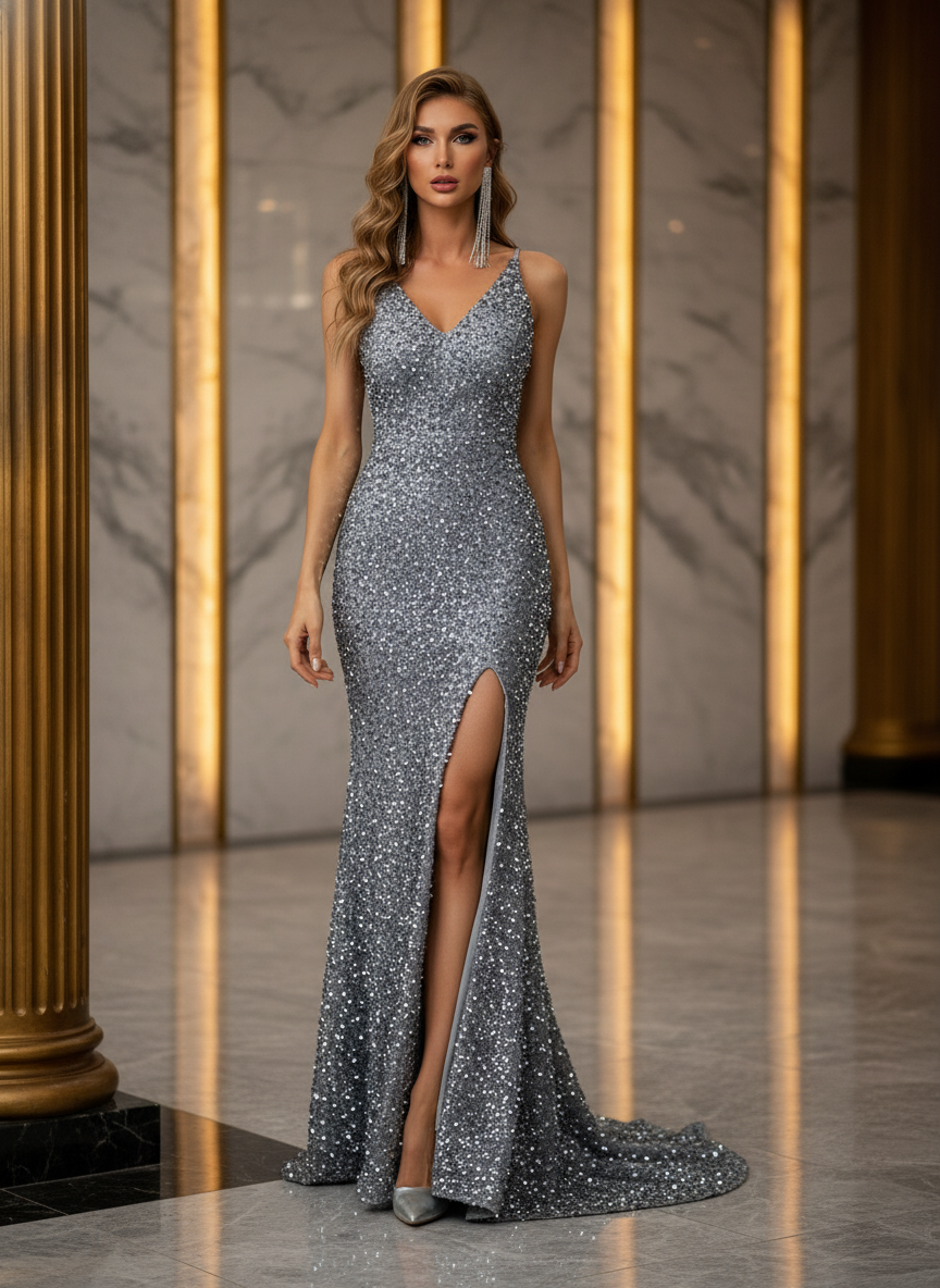 Genevieve Vintage Flutter Sleeve Sequin Maxi Dress