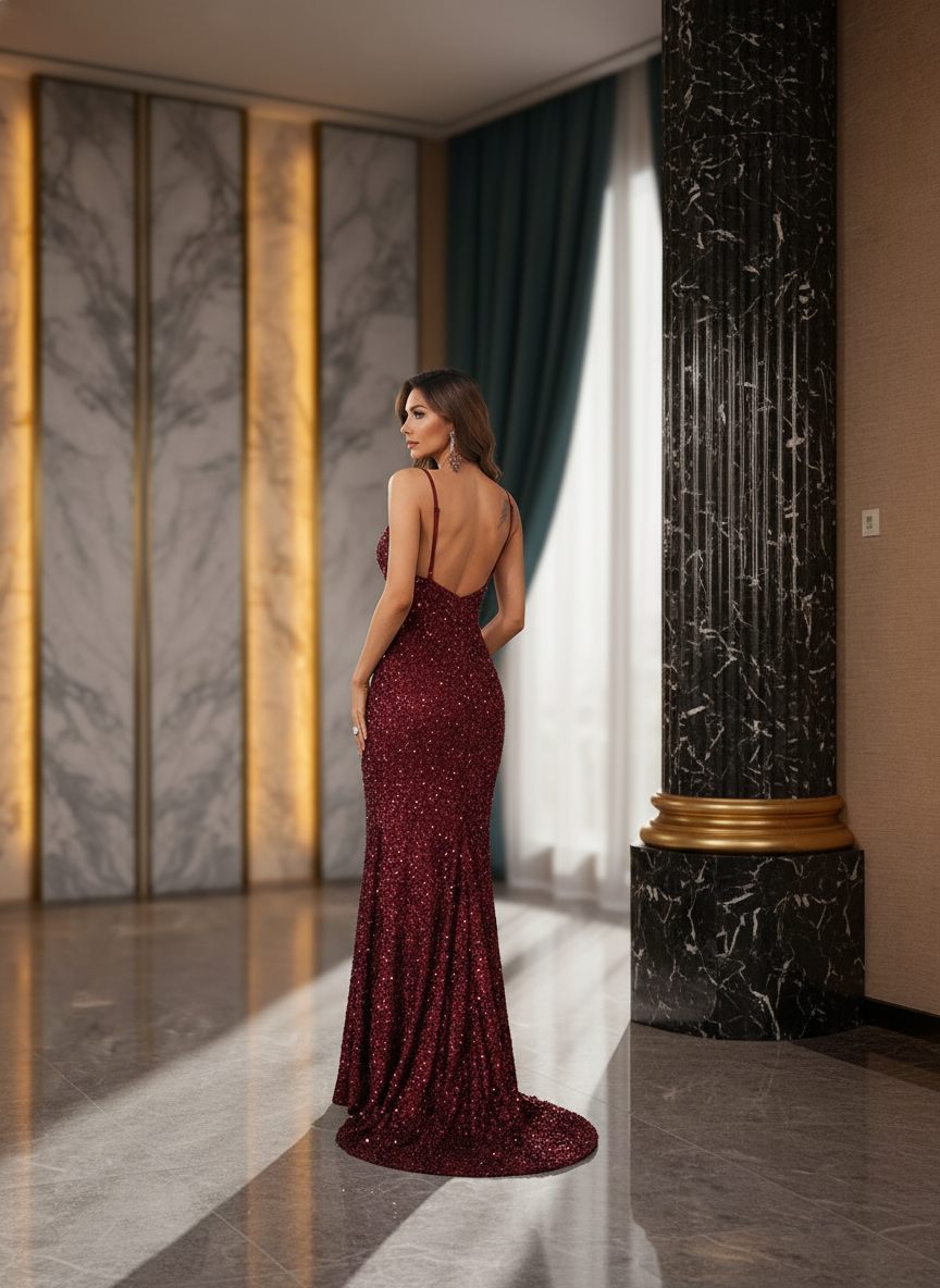 Genevieve Vintage Flutter Sleeve Sequin Maxi Dress