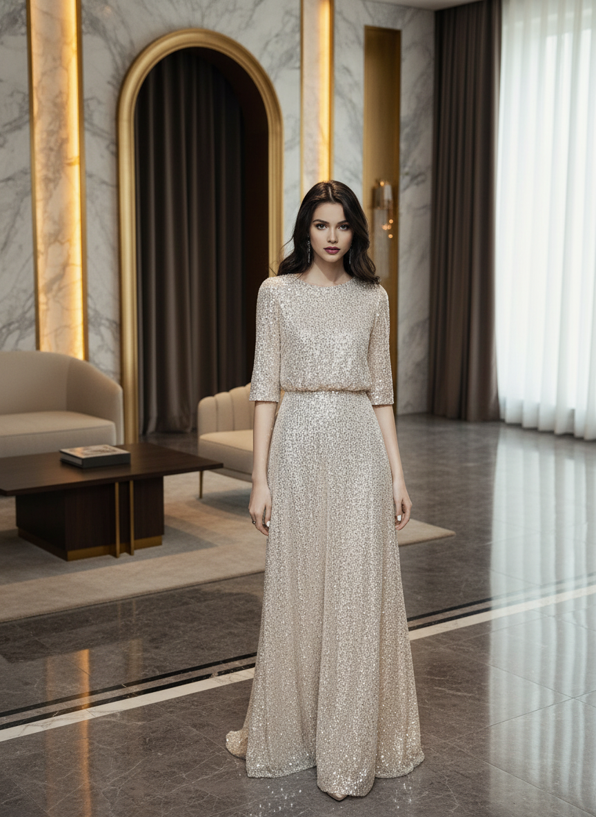 Lyra Shimmering High-Neck Sequin Floor-Length Maxi Gown