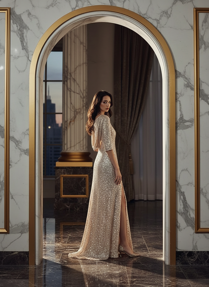 Lyra Shimmering High-Neck Sequin Floor-Length Maxi Gown