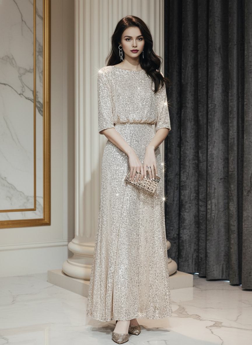 Lyra Shimmering High-Neck Sequin Floor-Length Maxi Gown