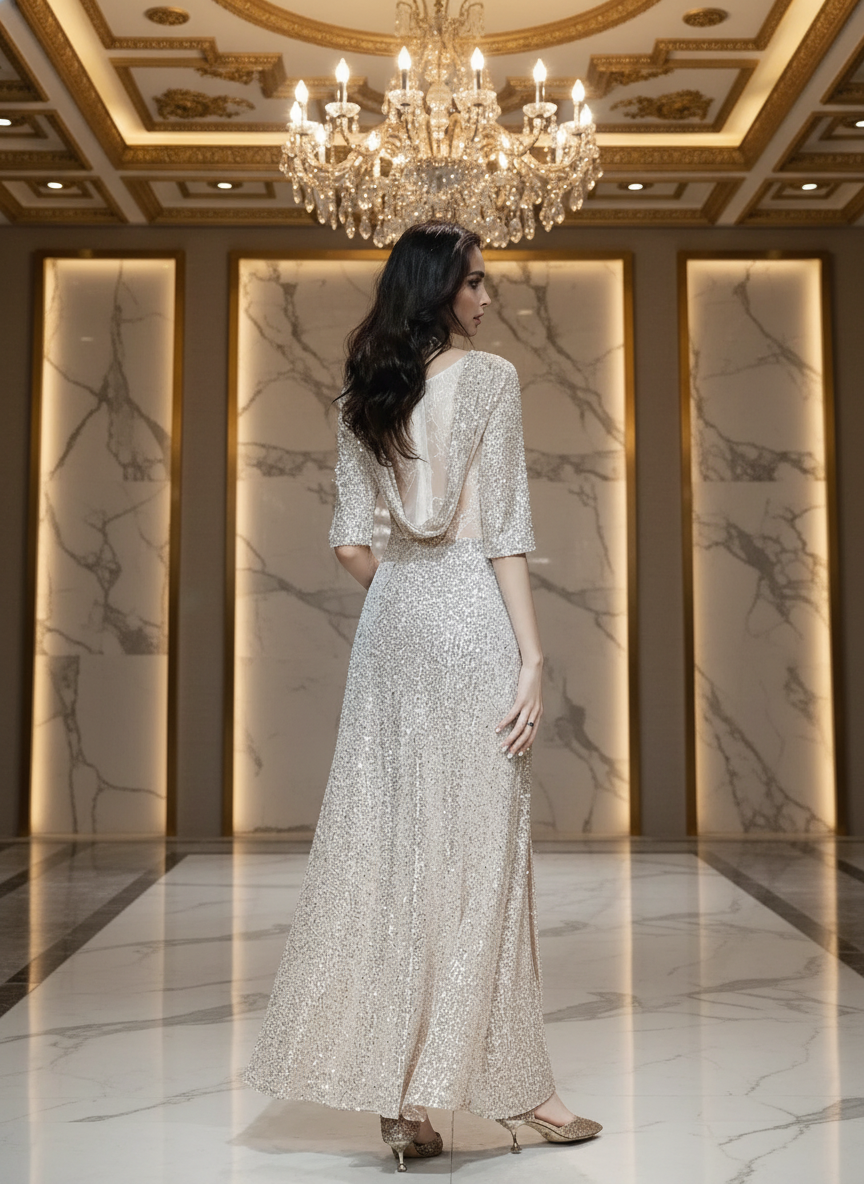 Lyra Shimmering High-Neck Sequin Floor-Length Maxi Gown