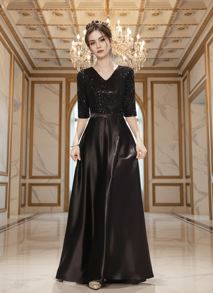 Cassia Shimmering Sequin V-Neck Floor-Length Maxi Gown