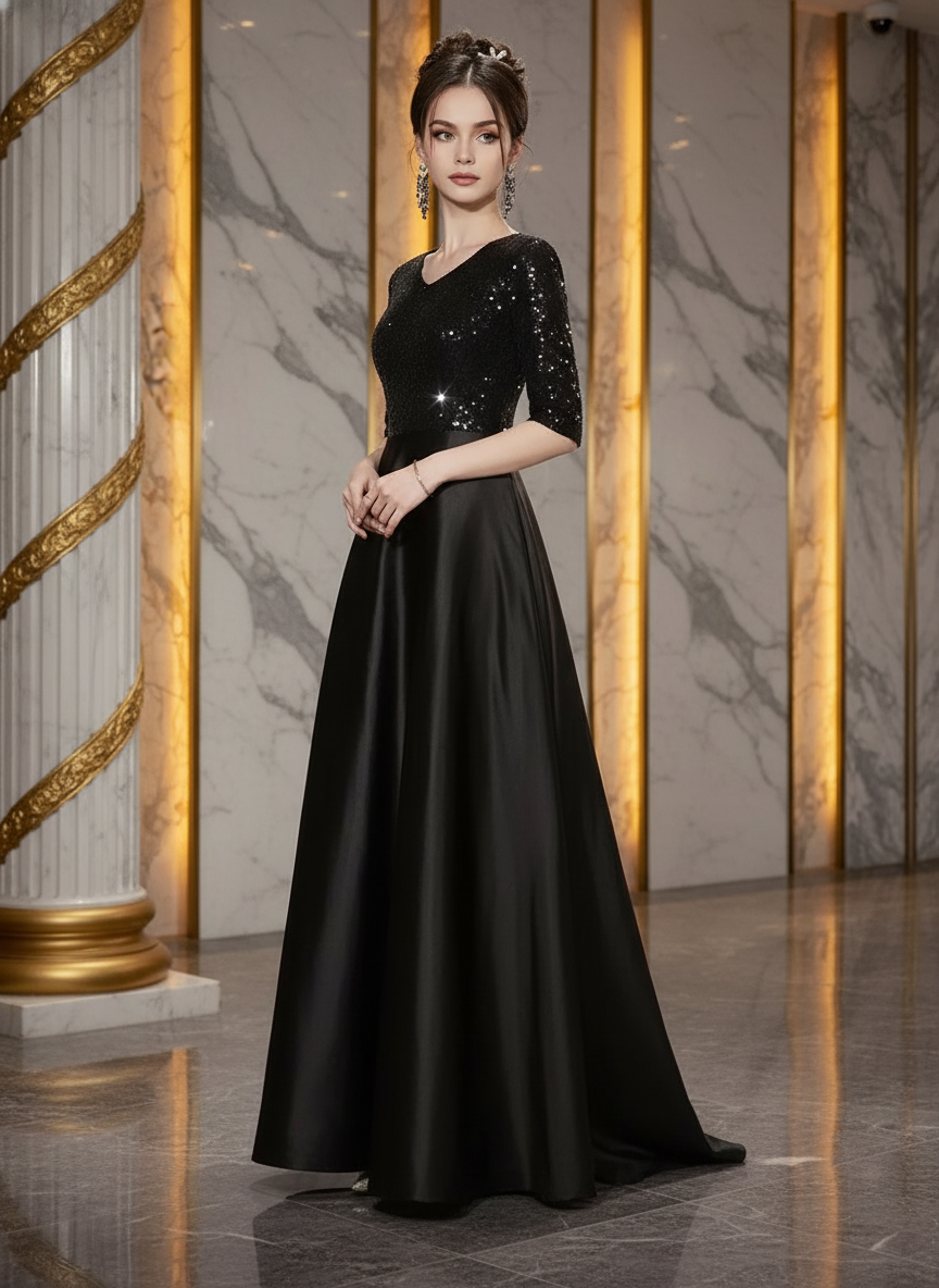 Cassia Shimmering Sequin V-Neck Floor-Length Maxi Gown