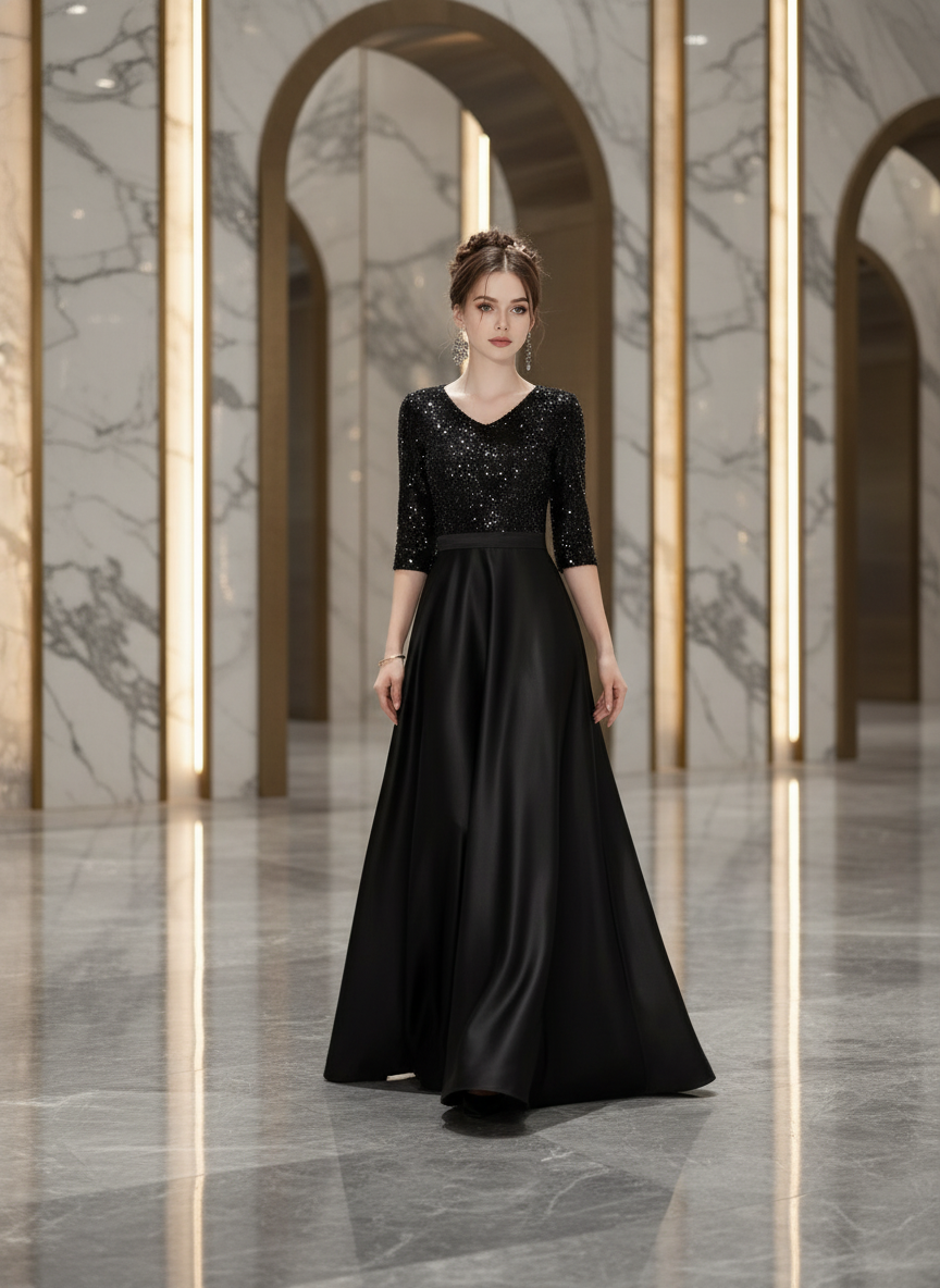 Cassia Shimmering Sequin V-Neck Floor-Length Maxi Gown