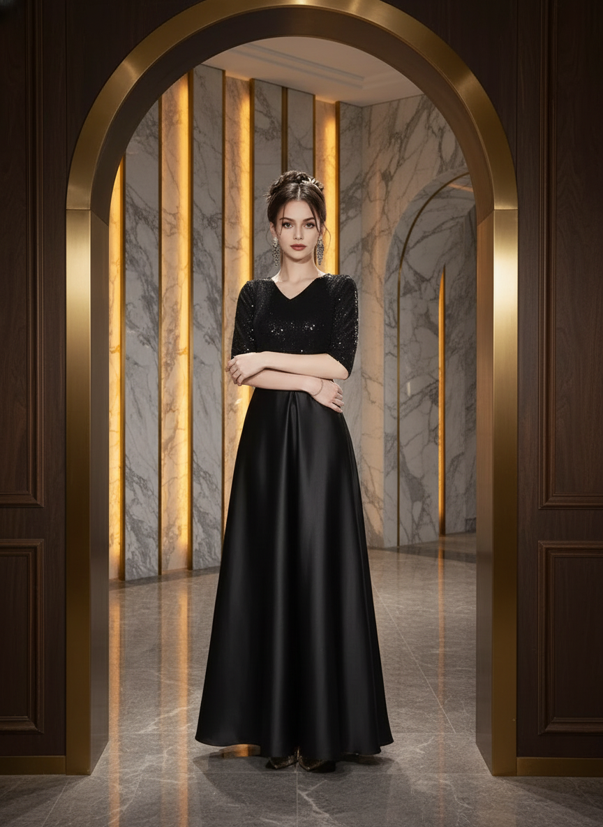 Cassia Shimmering Sequin V-Neck Floor-Length Maxi Gown