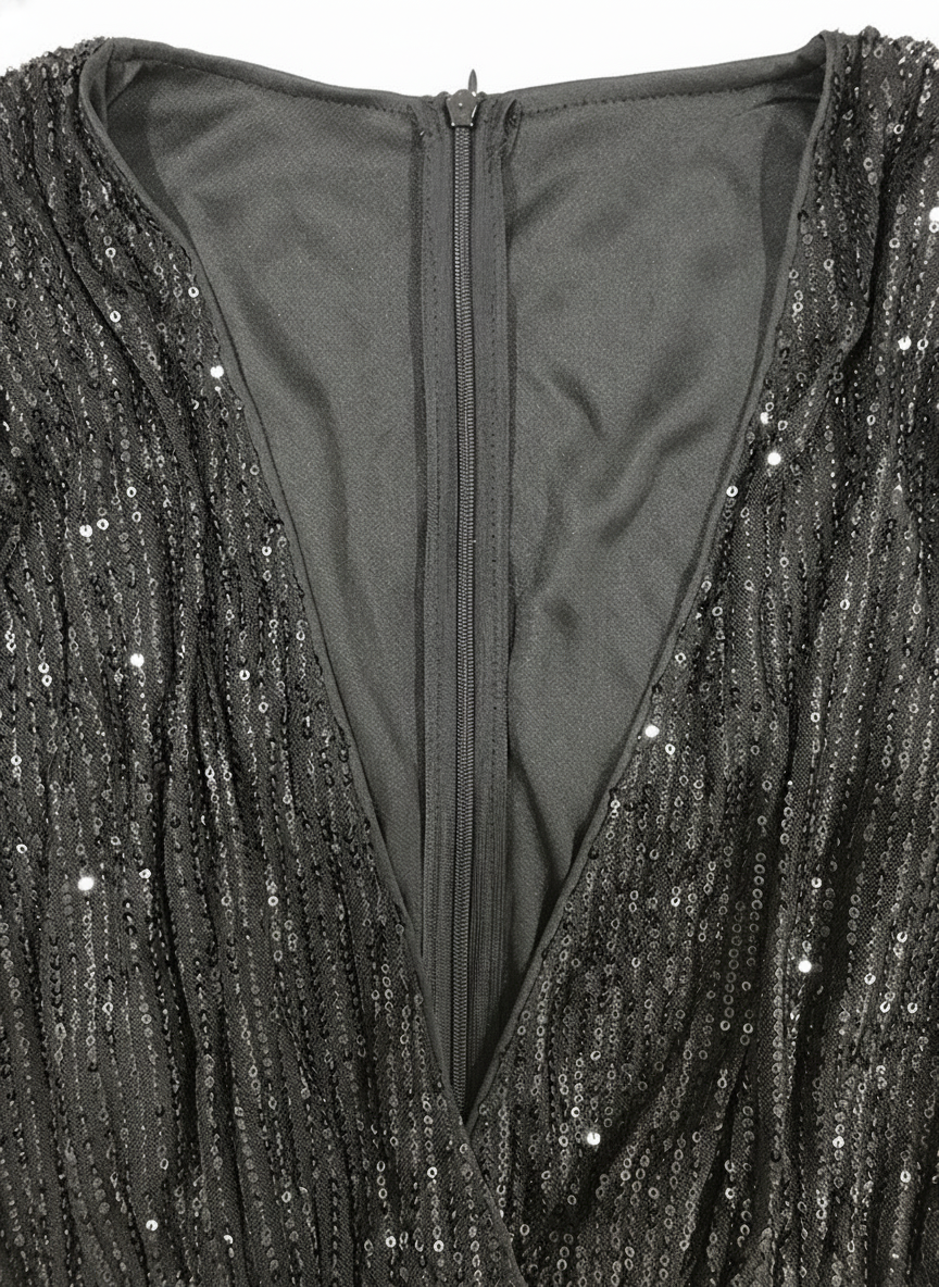 Elara Sparkling Sequin Deep V-Neck Mini Dress with Flared Sleeves