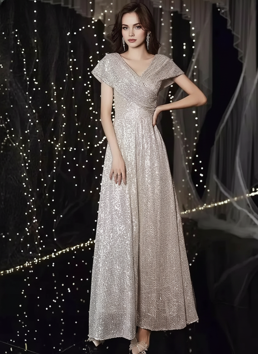 Lyra Sparkling Sequin Deep V-Neck Floor-Length Gown