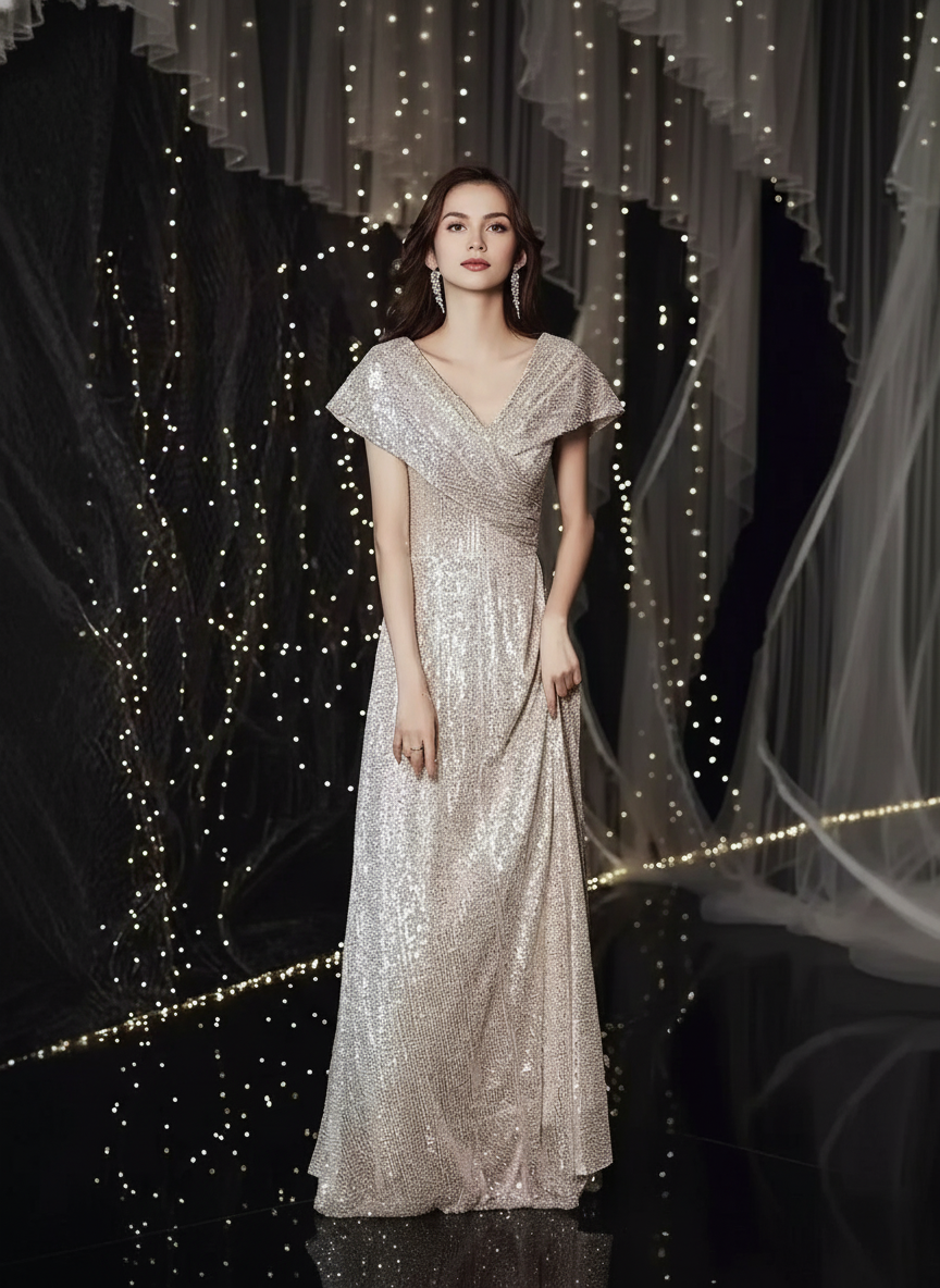 Lyra Sparkling Sequin Deep V-Neck Floor-Length Gown