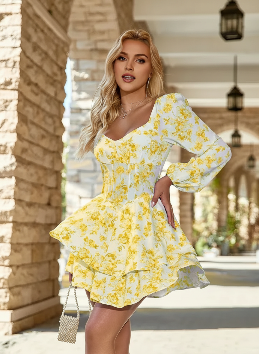 Callista Floral V-Neck Tiered Ruffle Mini Dress