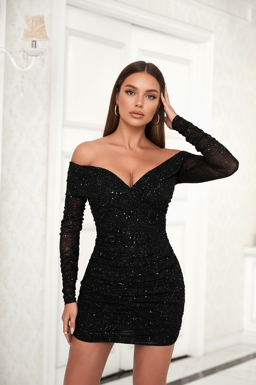 Seraphina Sparkling Glitter Cross Off-the-Shoulder Mini Dress with Long Sleeves
